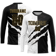 Laden Sie das Bild in den Galerie-Viewer, Custom Graffiti Pattern Black-Old Gold Scratch Sublimation Soccer Uniform Jersey