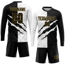 Laden Sie das Bild in den Galerie-Viewer, Custom Graffiti Pattern Black-Old Gold Scratch Sublimation Soccer Uniform Jersey