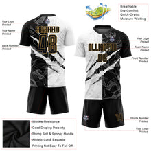 Laden Sie das Bild in den Galerie-Viewer, Custom Graffiti Pattern Black-Old Gold Scratch Sublimation Soccer Uniform Jersey