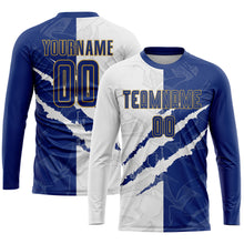 Laden Sie das Bild in den Galerie-Viewer, Custom Graffiti Pattern Royal White-Old Gold Scratch Sublimation Soccer Uniform Jersey