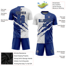 Laden Sie das Bild in den Galerie-Viewer, Custom Graffiti Pattern Royal White-Old Gold Scratch Sublimation Soccer Uniform Jersey
