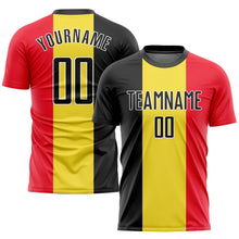 Laden Sie das Bild in den Galerie-Viewer, Custom Gold Black Red-White Sublimation Belgian Flag Soccer Uniform Jersey