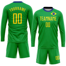 Charger l'image dans la galerie, Custom Neon Green Gold-Royal Sublimation Brazilian Flag Soccer Uniform Jersey
