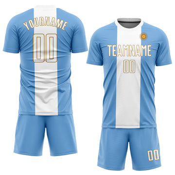 Custom Light Blue White-Old Gold Sublimation Argentinian Flag Soccer Uniform Jersey