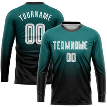 Load image into Gallery viewer, Custom Teal White-Black Sublimation Long Sleeve Fade Fashion Soccer Uniform Jersey