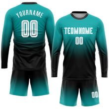 Charger l'image dans la galerie, Custom Aqua White-Black Sublimation Long Sleeve Fade Fashion Soccer Uniform Jersey