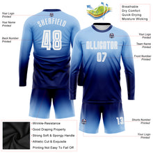Charger l'image dans la galerie, Custom Light Blue White-Navy Sublimation Long Sleeve Fade Fashion Soccer Uniform Jersey