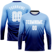 Charger l'image dans la galerie, Custom Light Blue White-Navy Sublimation Long Sleeve Fade Fashion Soccer Uniform Jersey