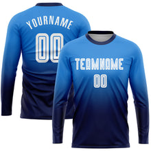 Загрузить изображение в средство просмотра галереи, Custom Powder Blue White-Navy Sublimation Long Sleeve Fade Fashion Soccer Uniform Jersey