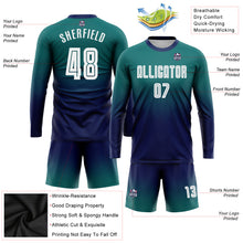 Load image into Gallery viewer, Custom Teal White-Navy Sublimation Long Sleeve Fade Fashion Soccer Uniform Jersey