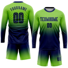 Load image into Gallery viewer, Custom Neon Green Navy Sublimation Long Sleeve Fade Fashion Soccer Uniform Jersey
