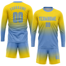 Charger l'image dans la galerie, Custom Gold Light Blue Sublimation Long Sleeve Fade Fashion Soccer Uniform Jersey