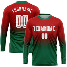 Загрузить изображение в средство просмотра галереи, Custom Red White-Kelly Green Sublimation Long Sleeve Fade Fashion Soccer Uniform Jersey