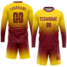 Laden Sie das Bild in den Galerie-Viewer, Custom Gold Crimson Sublimation Long Sleeve Fade Fashion Soccer Uniform Jersey