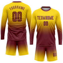 Charger l'image dans la galerie, Custom Gold Burgundy Sublimation Long Sleeve Fade Fashion Soccer Uniform Jersey