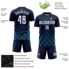 Load image into Gallery viewer, Custom Navy White-Teal Sublimation Soccer Uniform Jersey