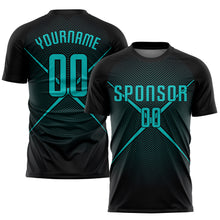 Laden Sie das Bild in den Galerie-Viewer, Custom Black Teal Sublimation Soccer Uniform Jersey