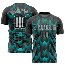Laden Sie das Bild in den Galerie-Viewer, Custom Black Black-Teal Sublimation Soccer Uniform Jersey