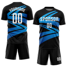 Laden Sie das Bild in den Galerie-Viewer, Custom Black White-Light Blue Sublimation Soccer Uniform Jersey