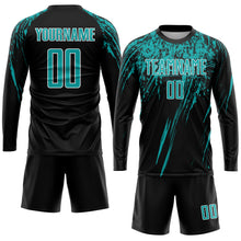 Laden Sie das Bild in den Galerie-Viewer, Custom Black Aqua-White Sublimation Soccer Uniform Jersey