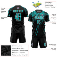 Laden Sie das Bild in den Galerie-Viewer, Custom Black Aqua-White Sublimation Soccer Uniform Jersey
