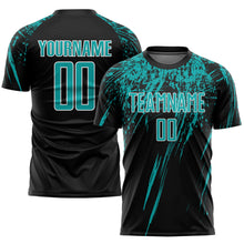 Laden Sie das Bild in den Galerie-Viewer, Custom Black Aqua-White Sublimation Soccer Uniform Jersey