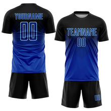 Laden Sie das Bild in den Galerie-Viewer, Custom Black Royal-Light Blue Sublimation Soccer Uniform Jersey