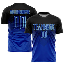 Laden Sie das Bild in den Galerie-Viewer, Custom Black Royal-Light Blue Sublimation Soccer Uniform Jersey