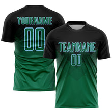Laden Sie das Bild in den Galerie-Viewer, Custom Black Kelly Green-Light Blue Sublimation Soccer Uniform Jersey