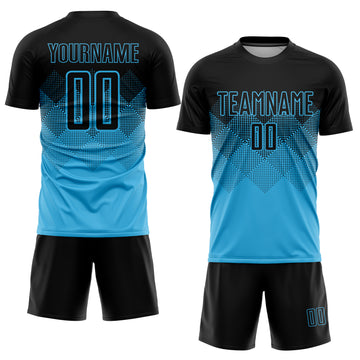 Custom Sky Blue Black Sublimation Soccer Uniform Jersey