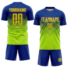 Load image into Gallery viewer, Custom Royal Neon Green-Orange Sublimation Soccer Uniform Jersey

