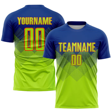 Custom Royal Neon Green-Orange Sublimation Soccer Uniform Jersey