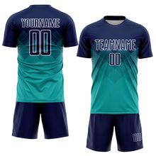 Laden Sie das Bild in den Galerie-Viewer, Custom Aqua Navy-White Sublimation Soccer Uniform Jersey