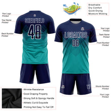 Laden Sie das Bild in den Galerie-Viewer, Custom Aqua Navy-White Sublimation Soccer Uniform Jersey