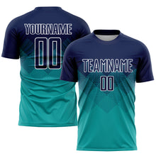 Laden Sie das Bild in den Galerie-Viewer, Custom Aqua Navy-White Sublimation Soccer Uniform Jersey