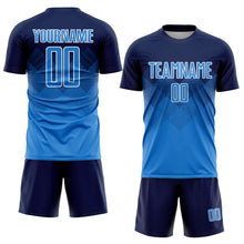Laden Sie das Bild in den Galerie-Viewer, Custom Navy Powder Blue-White Sublimation Soccer Uniform Jersey