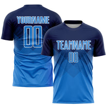 Laden Sie das Bild in den Galerie-Viewer, Custom Navy Powder Blue-White Sublimation Soccer Uniform Jersey