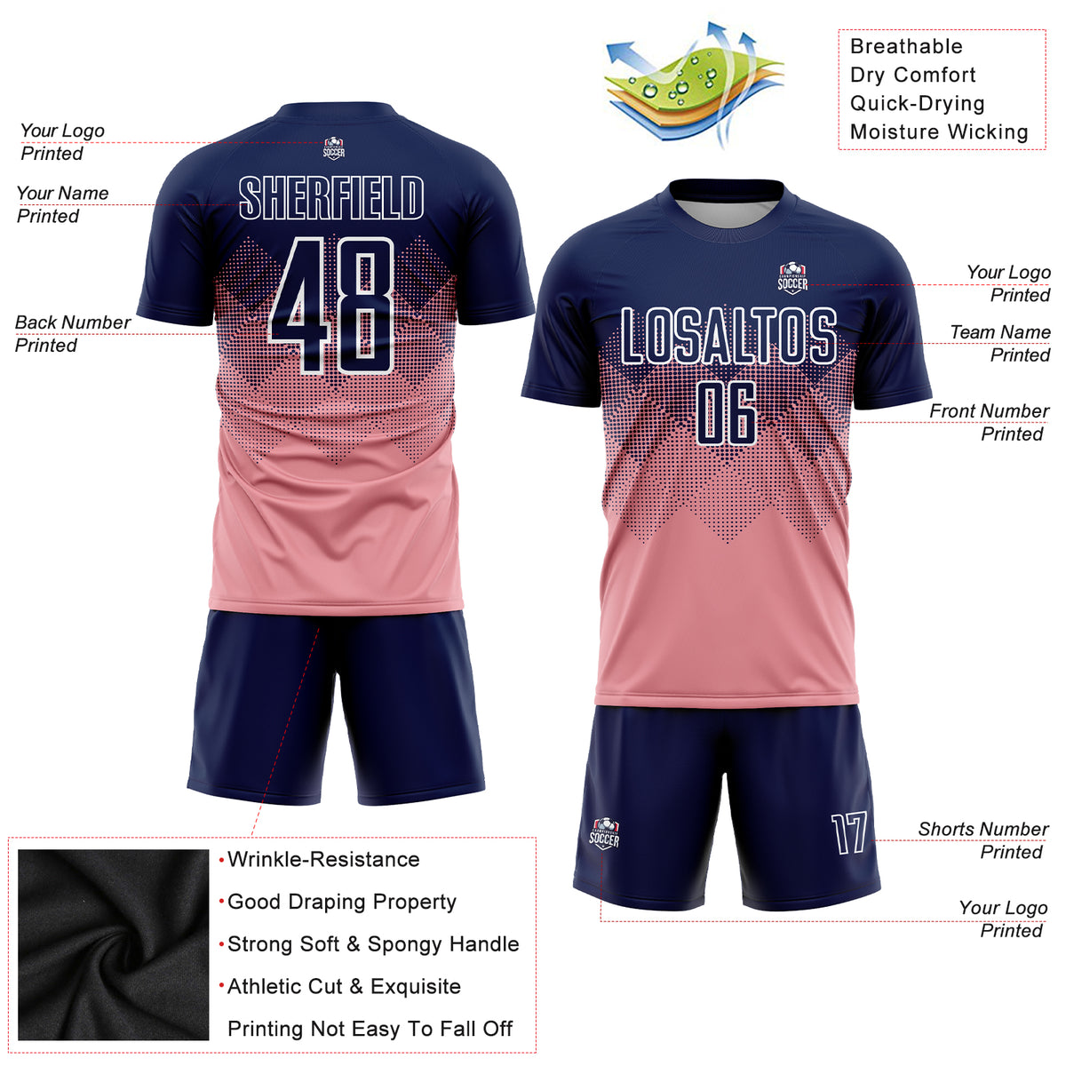 Cheap Custom Pink Navy-White Sublimation Soccer Uniform Jersey Free  Shipping – CustomJerseysPro
