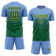 Laden Sie das Bild in den Galerie-Viewer, Custom Light Blue Kelly Green-Gold Sublimation Soccer Uniform Jersey