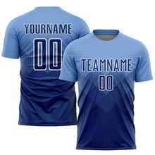 Laden Sie das Bild in den Galerie-Viewer, Custom Light Blue Navy-White Sublimation Soccer Uniform Jersey