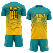Laden Sie das Bild in den Galerie-Viewer, Custom Teal Gold-Black Sublimation Soccer Uniform Jersey
