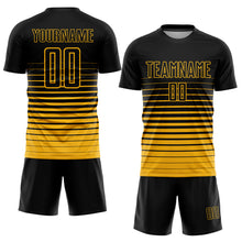 Load image into Gallery viewer, Custom Black Gold Pinstripe Fade Fashion Sublimation Soccer Uniform Jersey