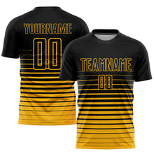Load image into Gallery viewer, Custom Black Gold Pinstripe Fade Fashion Sublimation Soccer Uniform Jersey