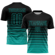 Charger l'image dans la galerie, Custom Black Aqua Pinstripe Fade Fashion Sublimation Soccer Uniform Jersey
