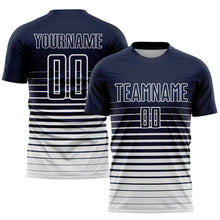Charger l'image dans la galerie, Custom Navy White Pinstripe Fade Fashion Sublimation Soccer Uniform Jersey