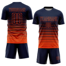 Load image into Gallery viewer, Custom Navy Orange Pinstripe Fade Fashion Sublimation Soccer Uniform Jersey