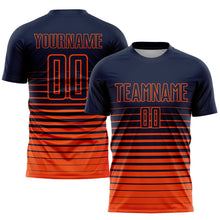 Load image into Gallery viewer, Custom Navy Orange Pinstripe Fade Fashion Sublimation Soccer Uniform Jersey