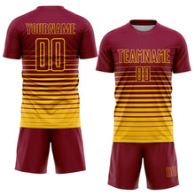 Загрузить изображение в средство просмотра галереи, Custom Maroon Yellow Pinstripe Fade Fashion Sublimation Soccer Uniform Jersey