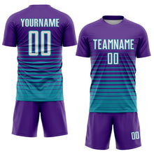 Laden Sie das Bild in den Galerie-Viewer, Custom Purple White-Teal Pinstripe Fade Fashion Sublimation Soccer Uniform Jersey