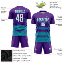 Laden Sie das Bild in den Galerie-Viewer, Custom Purple White-Teal Pinstripe Fade Fashion Sublimation Soccer Uniform Jersey